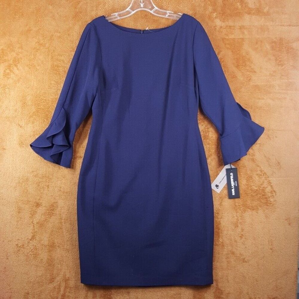 KARL LAGERFELD Womens Dress Size 8 Blue Long Sleeve Sheath Ruffle Sleeve